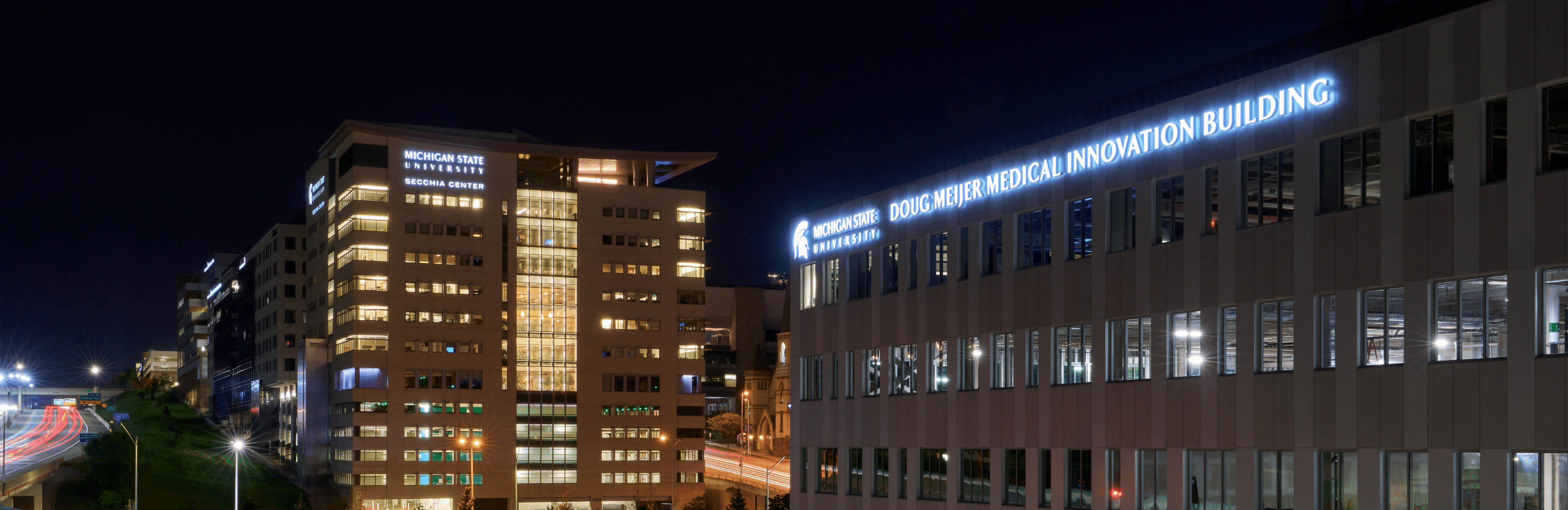 MSU Innovation Building at night.